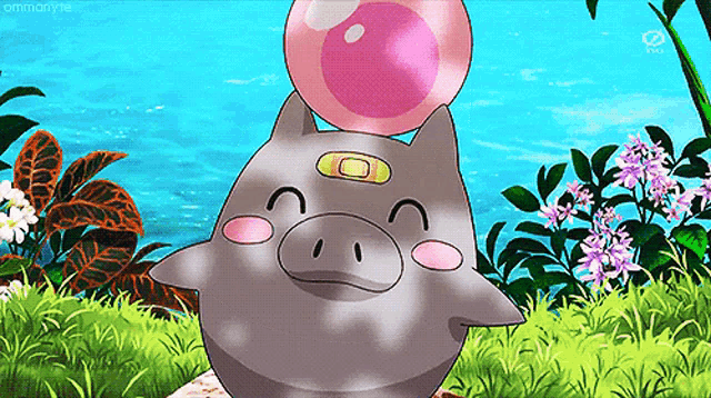 a cartoon of a pig with a pink bubble on its head