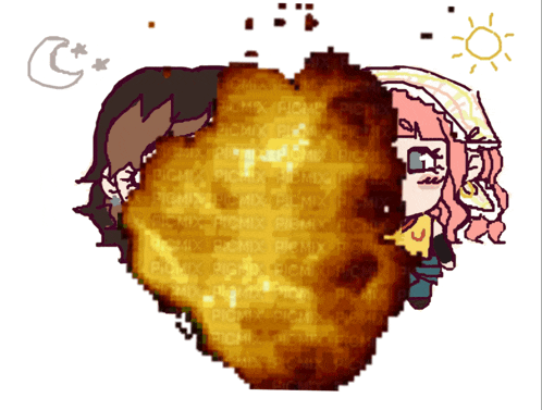 a cartoon of a girl and a boy with a heart in the background that says picmix on it