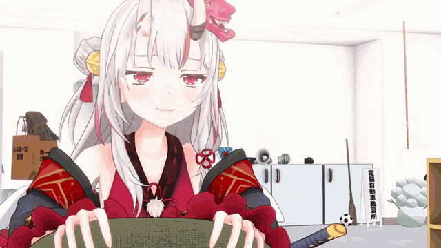 a girl with white hair and red eyes is holding a green object