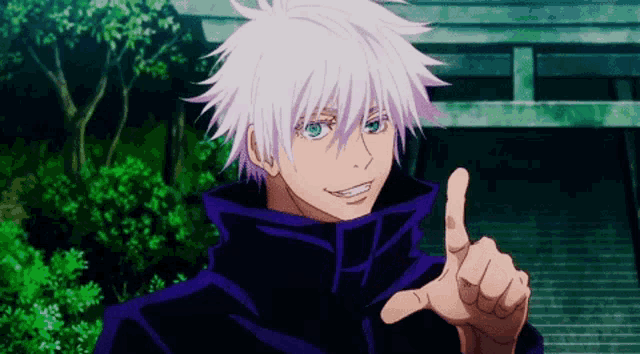 a man with white hair and blue eyes is pointing his finger up