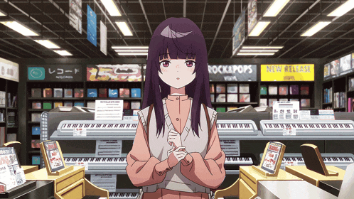 a girl in a store with a sign that says rock & pops on it