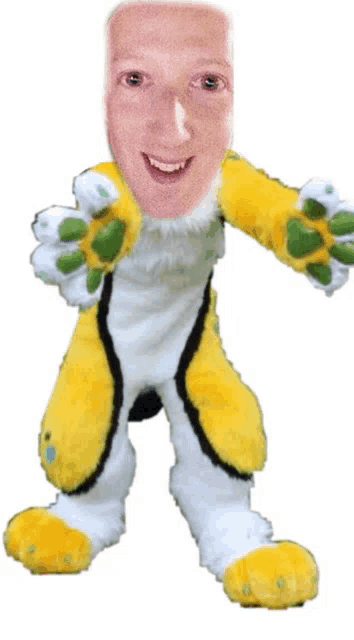 a stuffed animal with a man 's face on it and green paws