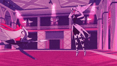a cartoon drawing of a woman holding a spear in a pink room