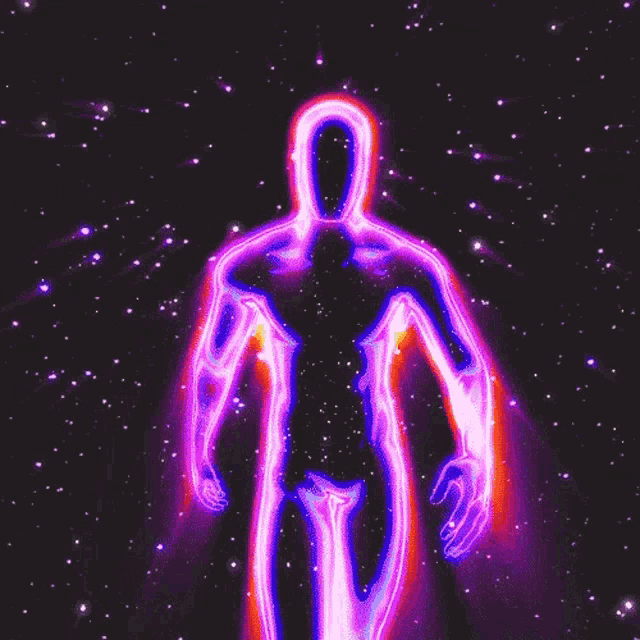 a glowing silhouette of a person in the dark with a purple background .