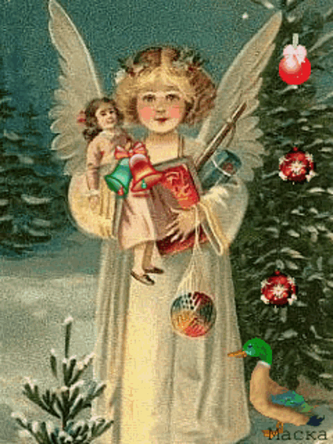 a painting of an angel holding a doll and a duck