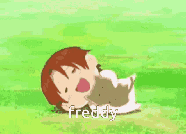 a cartoon character is laying in the grass with the word freddy written on the bottom