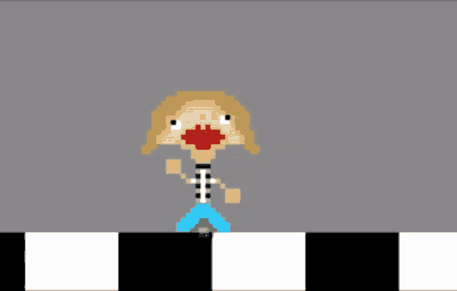a pixel art of a woman with red lips and a blue dress