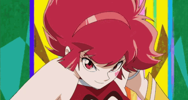 a girl with red hair is wearing a red top with the letter s on it