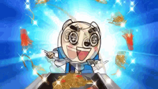 a cartoon panda is cooking noodles with a fork and spoon .
