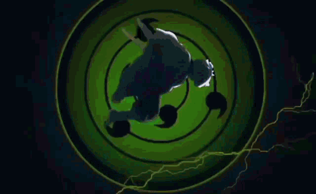 a person is flying through a green circle with a lightning bolt coming out of it