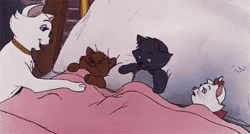 a cartoon of a cat and three kittens laying on a bed .