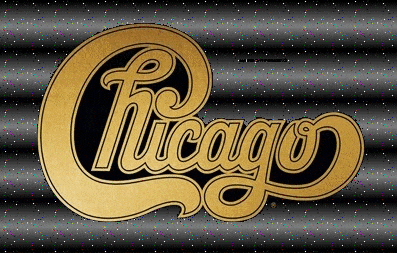 a black and gold chicago logo on a striped background