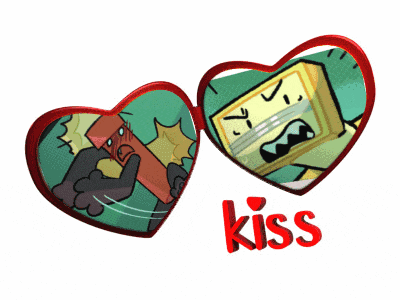 two hearts with a picture of a cartoon character and the word kiss below them