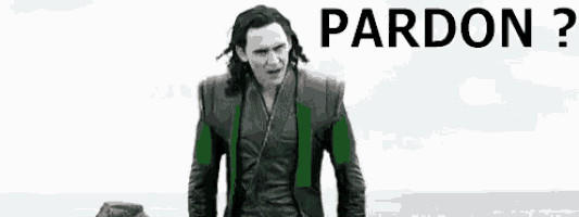 a man in a suit and green sleeves is standing in front of a white background with the words `` pardon ? '' .