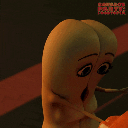a poster for sausage party foodtopia shows a sausage with a surprised look on his face