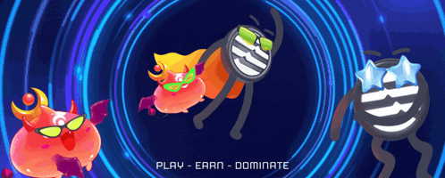 a cartoon illustration with the words play-earn-dominate on the bottom