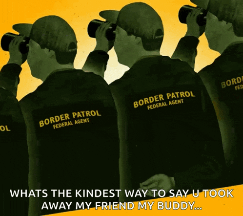 a group of border patrol federal agent looking through binoculars on a yellow background