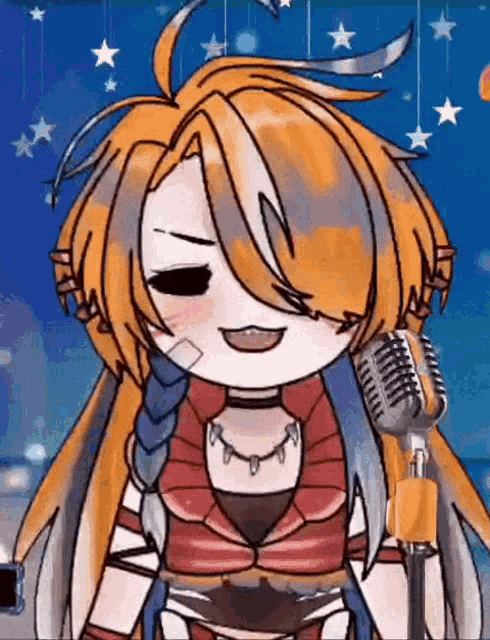 a cartoon girl is standing in front of a microphone and singing into it .