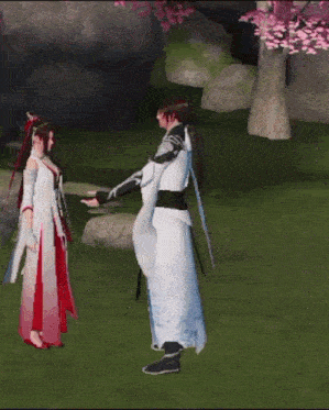 a man and a woman are standing next to each other in a game