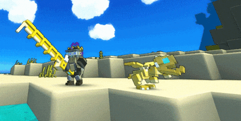 a cartoon character holding a sword with the letter f on it is standing next to a smaller cartoon character