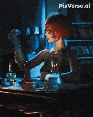 a woman sitting at a table with a beaker in her hand and pixverse.ai written on the bottom right