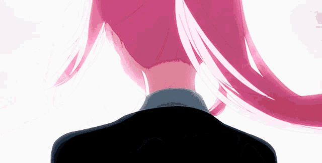 a girl with pink hair is wearing a black suit