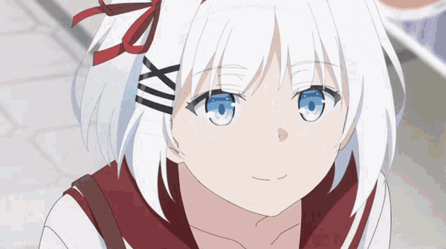 a girl with white hair and blue eyes is wearing a red shirt