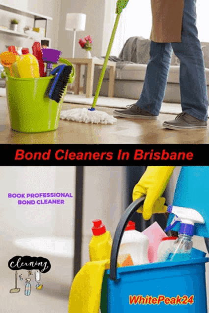 a poster for bond cleaners in brisbane with a picture of a person mopping the floor