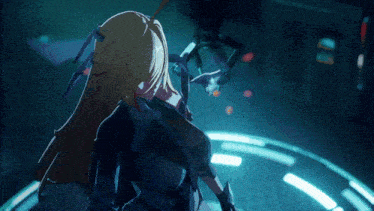 a girl with long blonde hair is standing in a dark room with a robotic arm behind her
