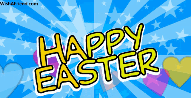 a blue background with the words happy easter in yellow letters