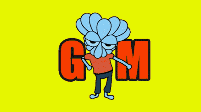 a yellow background with a cartoon character and the word gam in red