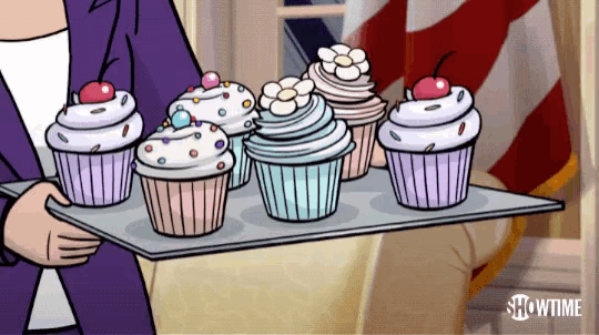 a cartoon of a person holding a tray of cupcakes with showtime written on the bottom right