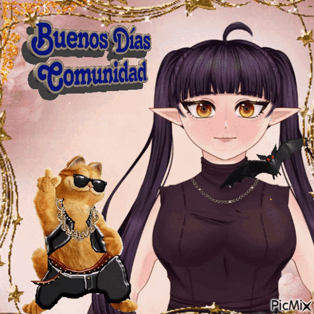a picture of garfield and a girl with the words buenos dias comunidad on it