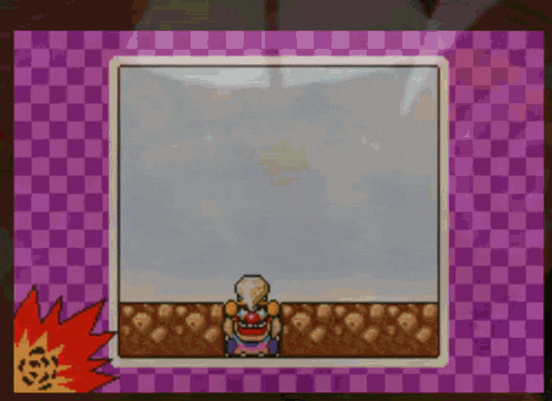 a video game screen shows a clown in a purple and white checkered frame