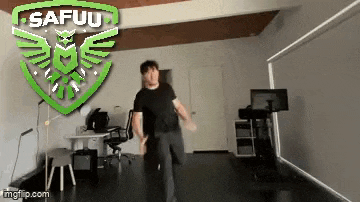 a man is dancing in a room with a safuu logo behind him