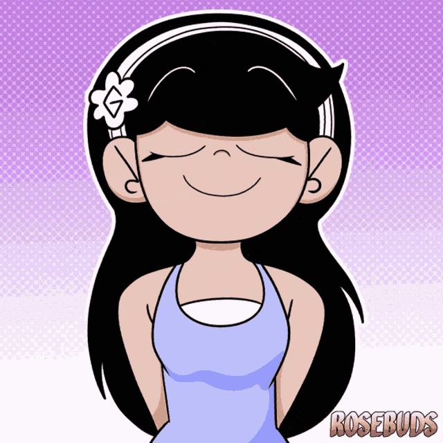 a cartoon drawing of a girl with a flower in her hair and the words rosebuds below her