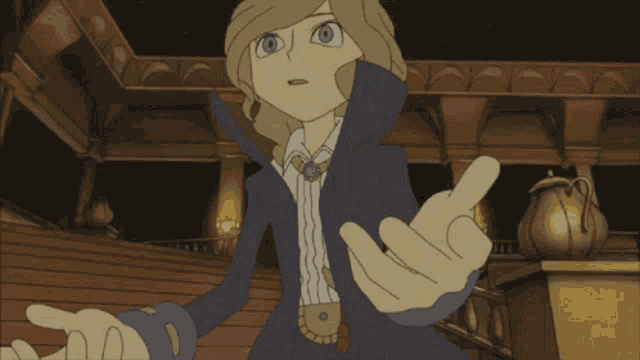 a cartoon character in a blue jacket is pointing at the camera