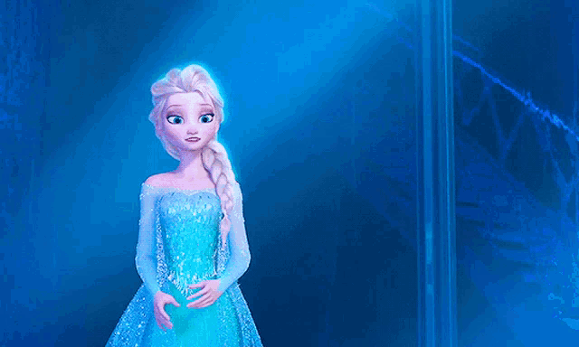 a cartoon character in a blue dress stands in front of a blue background