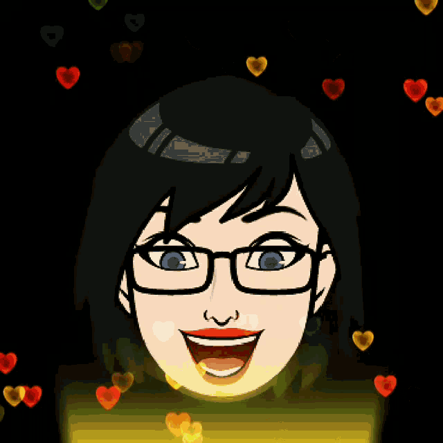 a cartoon girl with glasses and hearts around her