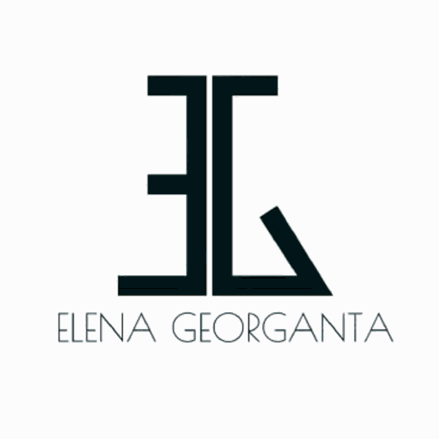 a logo for elena georganta shows a triangle and letters