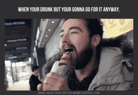 a man with a beard is eating an ice cream cone with the caption when your drunk