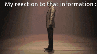 a man in a suit stands on a stage with the words my reaction to that information