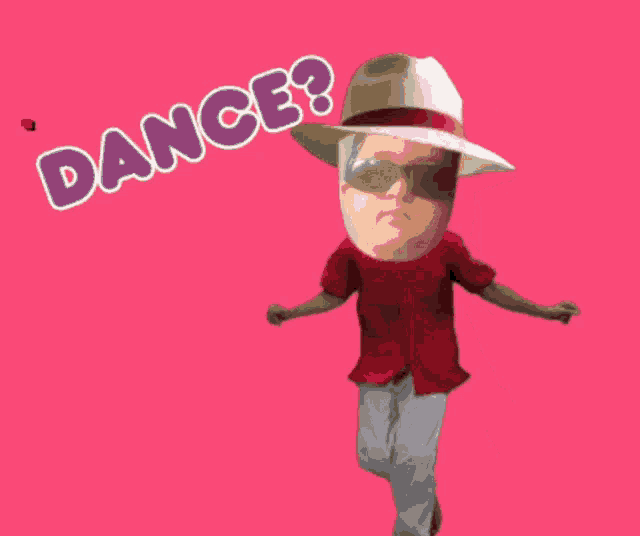 a man wearing a hat and sunglasses is dancing in front of a pink background that says wanna dance