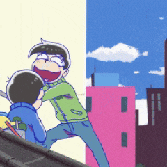 a cartoon of two boys standing on a roof with a pink building in the background