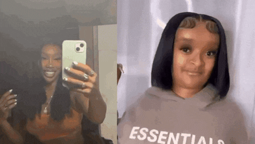 a woman is taking a selfie in front of a mirror and another woman is wearing an essentials sweatshirt .