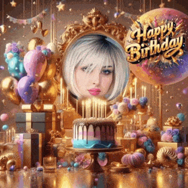 a picture of a birthday party with a cake and balloons and the words happy birthday on the bottom