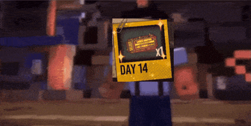 a cartoon character holding a ticket that says day 14