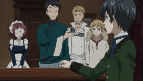 a group of anime characters are standing around a table and one of them is wearing a green jacket