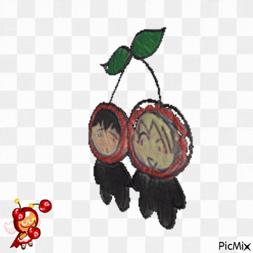 a drawing of two people dressed as cherries with the word picmix below them