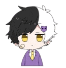 a chibi boy with black and white hair is wearing a purple jacket and tie .
